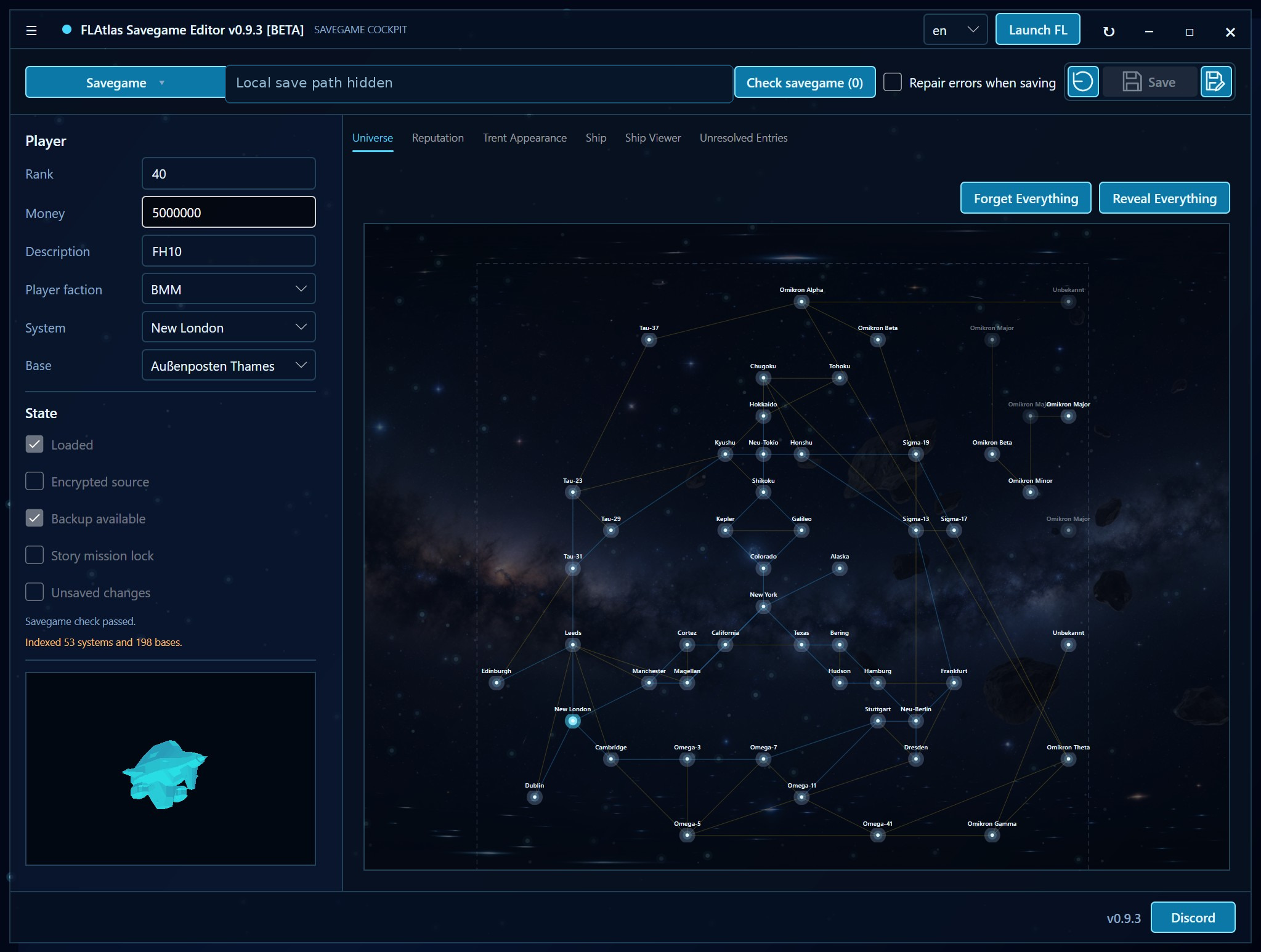 FLAtlas Savegame Editor mit Freelancer-Spielstand und Universumsansicht